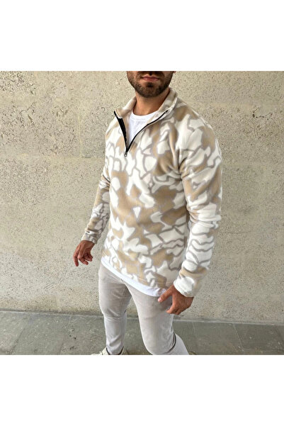 TBL DEKOR Mdb Men's Half Zipper Patterned Fleece with Stand Collar, Long Sleeves, Oversized Comfortable Fit Beige