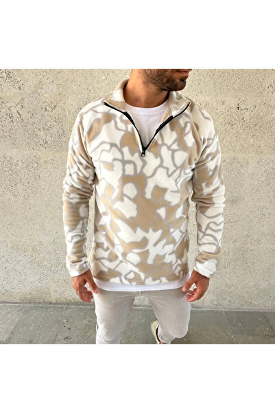 TBL DEKOR Mdb Men's Half Zipper Patterned Fleece with Stand Collar, Long Sleeves, Oversized Comfortable Fit Beige