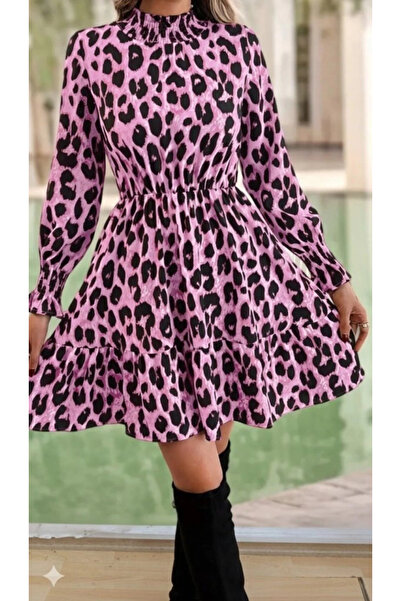 ARONA Mdb Women's Long Sleeve Half Turtleneck Leopard Print Modal Mini Dress