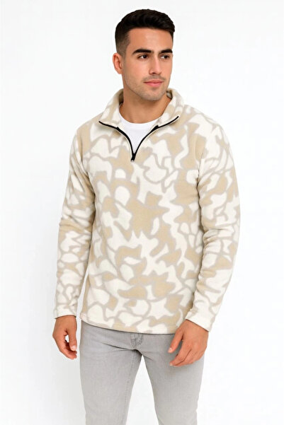TBL DEKOR Mdb Men's Half Zipper Patterned Fleece with Stand Collar, Long Sleeves, Oversized Comfortable Fit Beige