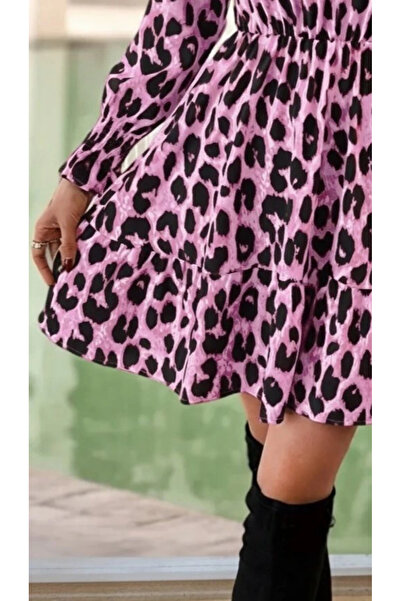 ARONA Mdb Women's Long Sleeve Half Turtleneck Leopard Print Modal Mini Dress