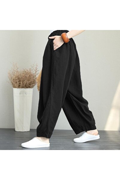 Barbora Keten Yazlık Günlük Kemerli Kadın Pantolon Şalvar