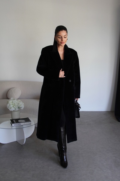 Julidress Siyah Özel Dokulu(Tay Tüyü) Astarlı Premium Uzun Kaban