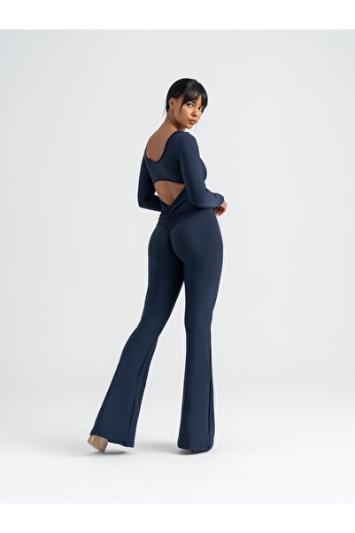 lismina Lacivert Uzun Kollu Arkası Büzgülü ( Scrunch Butt ) Spor Tayt Tulum