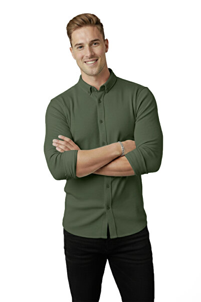 DeepSEA Ανδρικό πουκάμισο χακί εφαρμοστό κοτλέ – ελαστικό ύφασμα ελαστικό ύφασμα κομψό μοντέλο 2500805