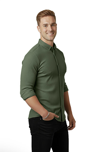 DeepSEA Ανδρικό πουκάμισο χακί εφαρμοστό κοτλέ – ελαστικό ύφασμα ελαστικό ύφασμα κομψό μοντέλο 2500805