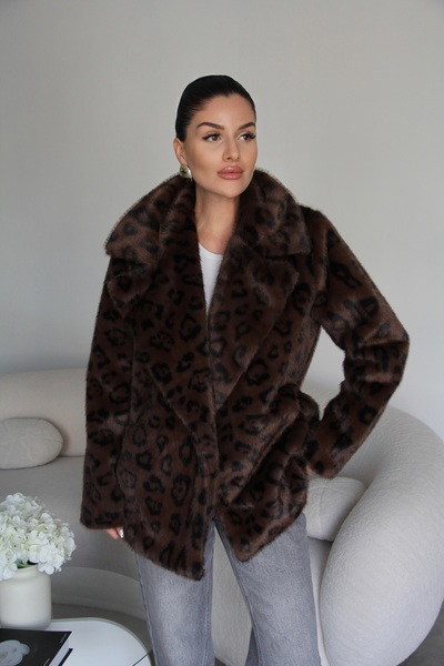 Julidress Kahve Leopar Desenli Astarlı Premium Peluş Kürk
