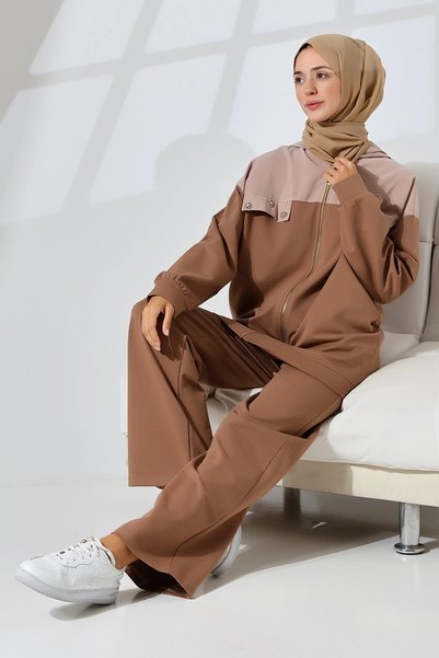 Mihran Butik Women's Brown Seasonal Combed Cotton Bottom Top Sports and Comfortable Hijab Suit