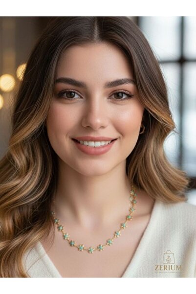 ZERİUM قلادة نسائية أنيقة من الفولاذ بتفاصيل زهرة قطرة مقاس 45 سم