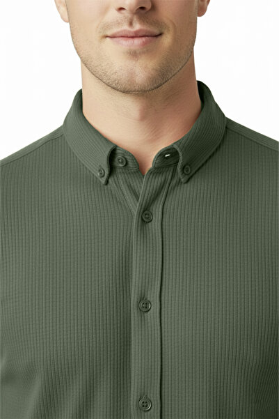 DeepSEA Ανδρικό πουκάμισο χακί εφαρμοστό κοτλέ – ελαστικό ύφασμα ελαστικό ύφασμα κομψό μοντέλο 2500805