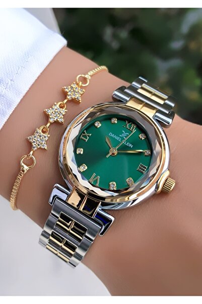 Daniel Klein New Season Women's Wristwatch Gold Silver Green Color with 2 Years Warranty and Bracelet Gift