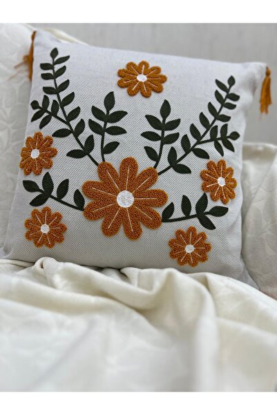 ON-ARS TEKSTİL Orange Floral Embroidered Linen Throw Pillow Cover – Tasseled, Decorative Pillow (43X43 cm)