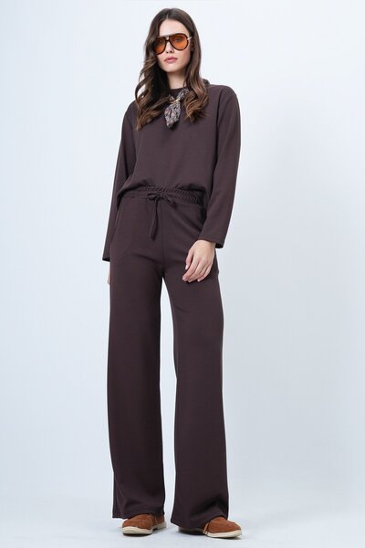 VAGGON Women's Brown Scarf Detailed Sweatshirt and Wide Leg Sweatpants Set Vs01569