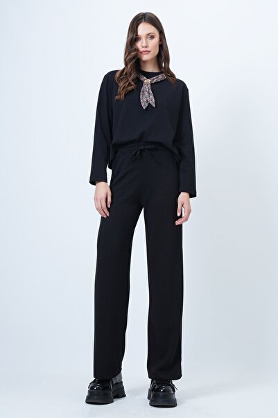 VAGGON Women's Black Scarf Detailed Sweatshirt and Wide Leg Sweatpants Set Vs01569