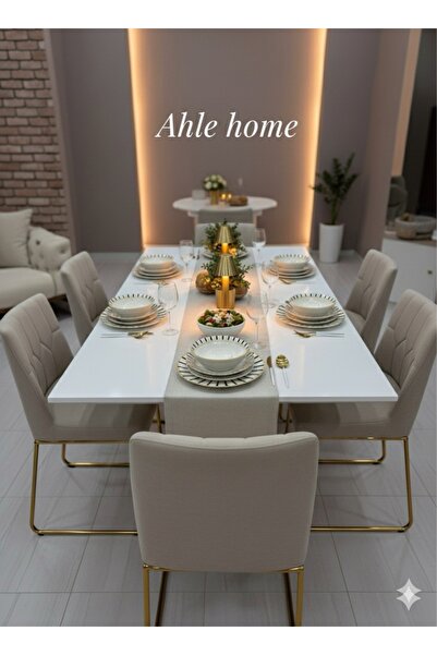 AHLE HOME Siyah Bird Desenli 24 Parça Yemek Takımı Siyah Beyaz Çizgili Gold Y...