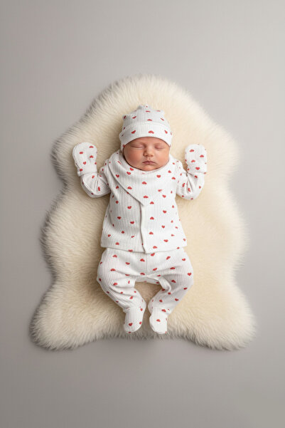 Baby Girl Red Small Heart Combed Cotton Newborn Set of 5 - Bodysuit, Organic Cotton, Soft