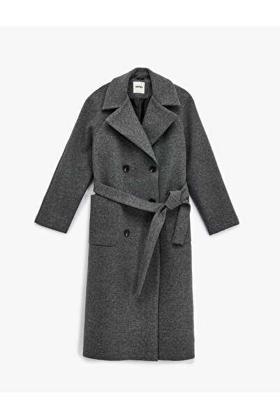 Koton Long Sleeve Pocketed Double Breasted Belted Long Cashmere Coat