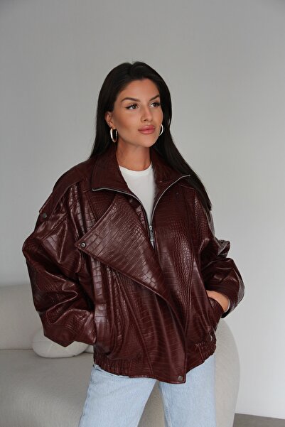 Julidress Burgundy Mock Neck Crocodile Lined Premium Blazer Leather Jacket