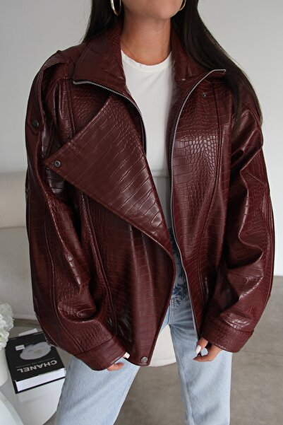 Julidress Burgundy Mock Neck Crocodile Lined Premium Blazer Leather Jacket