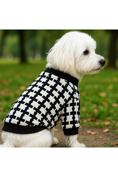 petite pati Siyah Beyaz Köpek Kazak – Şık Desenli Sıcak Kışlık Evcil Hayvan G...