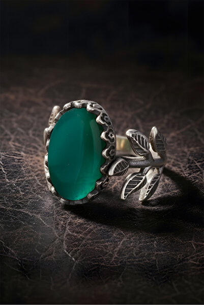 Takıdepo Sarmaşık Model Yeşil Akik Taşlı El Işi Gümüş Yüzük