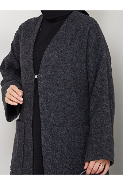 Eliva Women's Black Woven Imported Cashmere Pocketed Hijab Cardigan Coat