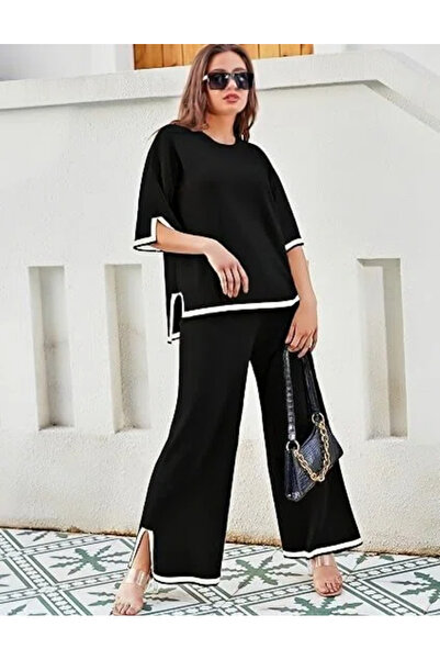 fulina Women Sweater Set 2 Piece Outfits Short Sleeve Knit Pullover Tops High Waist Wide Leg Pants Sets