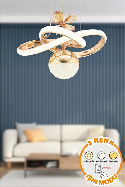 burenze Modern Tasarım Kademeli 3 Renk Corto Sarkıt Led Avize Kristal Taşlı Toplu Ledli Avize Gold Sarı