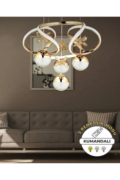 burenze Dimmerli Kumandalı 3 Renk Modern Kristal Taşlı Salon Mutfak Oturma Odası Avize Gold Sarı Led Avize