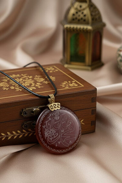 TAKI DERYASI Doğal Akik Taşı Kolye Allah Muhammed Yazılı, El Yapımı, Erkek Kadın Hediyelik