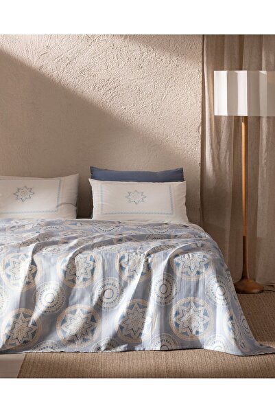 Madame Coco Orva Double 100 % kardiertes Piqué-Set mit Aufdruck – Blau/Beige