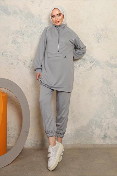 TRENDTESETTÜR WOMEN'S GREY ZIPPERED DOUBLE PANT SUIT T 8143