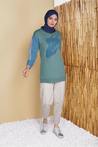 TRENDTESETTÜR KADIN YEŞİL (MİNT) DENİM DETAYLI YAZI BASKILI TUNİK 971