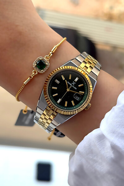 Daniel Klein %100 Orijinal Altın Gümüş Renk Kordon Yeşil Kadran Kadın Kol Saati Özel Seri Bileklik Hediyeli