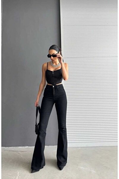 JILLY Μαύρο τζιν Alice με ψηλή μέση και ισπανικό στυλ, άνετο και φαρδύ.