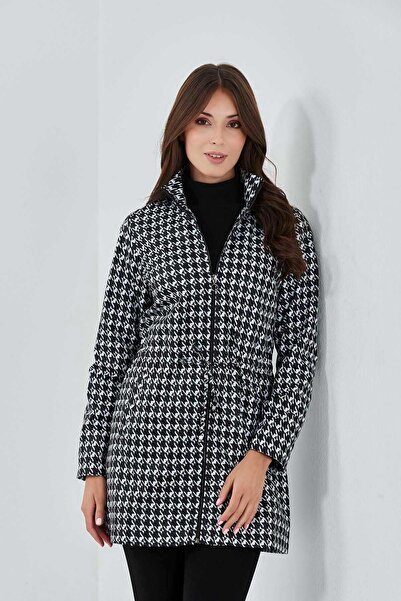 TOLGA SARAÇOĞLU Plus Size Houndstooth Black Women's Trench Coat 22Ktrnç60030