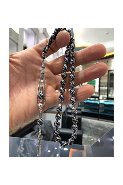 Genel Markalar 925 Ayar Gümüş Püsküllü Özel Tasarım Firuze Ve Karpuz Işlemeli Erzurum Oltu Taşı Tesbih