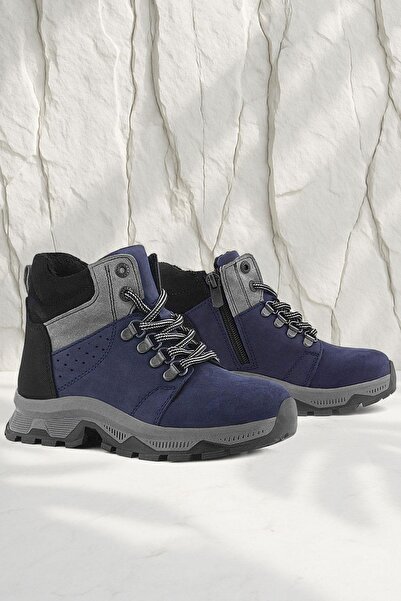 Rakerplus Genuine Leather Navy Blue Zippered Trekking Children's Boots