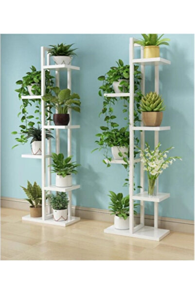 adımshops 6 Raflı,dikey Saksılık,çiçeklik,metal Gövdeli Ahşap Raflı