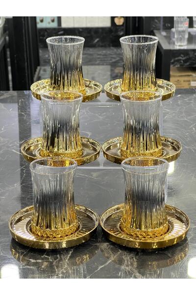isra kristal Luxury 6-Piece Gold Glass Tea Set – Stylish Cups and Saucers Set – Dishwasher Safe Tea Set