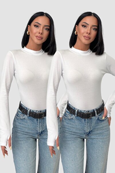 Lunamiratto Bluză de damă, 2 bucăți, cu detaliu alb pentru degete, cu mâneci ...