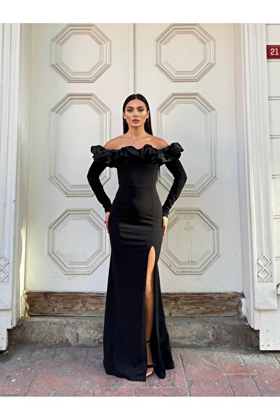 Modafeminen Flexible Shiny Satin Collar Pleat Detail Slit Evening Dress 583362 Black