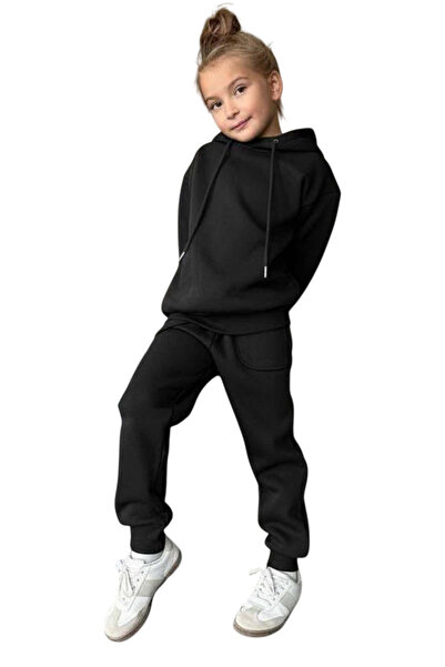 Riccotarz Κοριτσίστικο φούτερ με λεπτομέρεια από επένδυση fleece κλωστές, βαμβακερό μαύρο σετ αθλητικής φόρμας