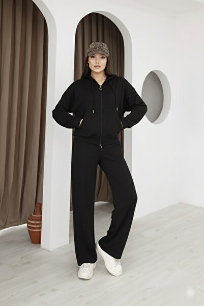 kemmy Modal Fabric Zippered, Hooded, Wide-Leg Palazzo Tracksuit Set