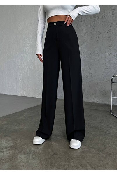 owwon Μαύρο ψηλόμεσο γυναικείο παντελόνι Palazzo με μεταλλικά κουμπιά