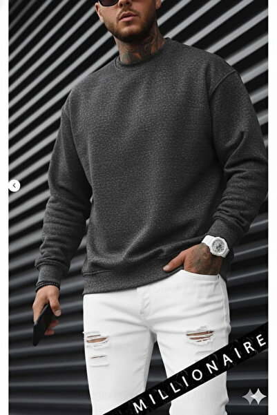 Millionaire Men's Anthracite Basic 0 - Null Collar Unprinted Oversize Fleece Sweatshirt