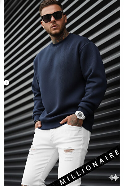 Millionaire Pánská mikina s námořnickou modrou Basic 0 Crew Neck Potištěný Plain Oversize Volný Loose Fit fleecová mikina