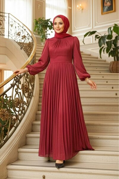Neva Style Balloon Sleeve Burgundy Hijab Evening Dress 45191Br