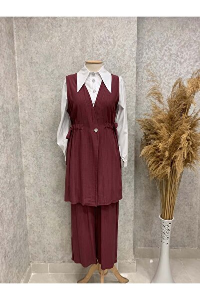 KADO 25Y1830 TAKIM 3 LÜ YELEK GÖMLEK PANTOLON, GÖMLEK VE YELEK TAŞ DETAYLI VİŞNE