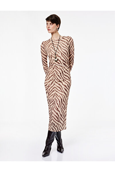 Koton Slim Fit Slit Long-Sleeve Crew Neck Zebra Print Draped Dress
